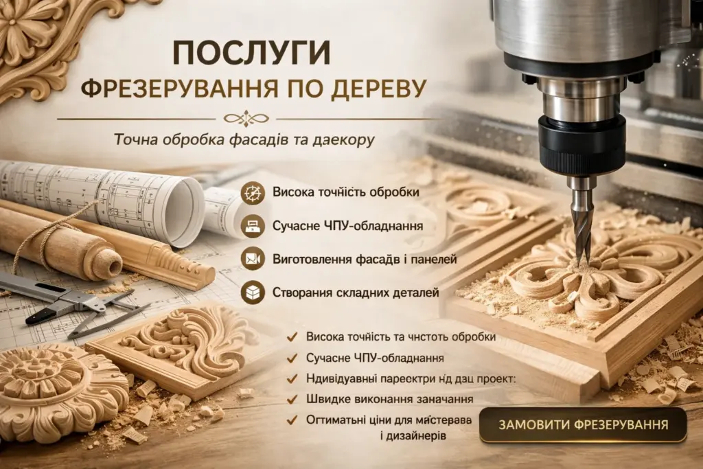 фрезерування деревини, ЧПУ фрезерування, меблеві фасади, дерев’яний декор, виготовлення меблів, точна обробка, преміум меблі