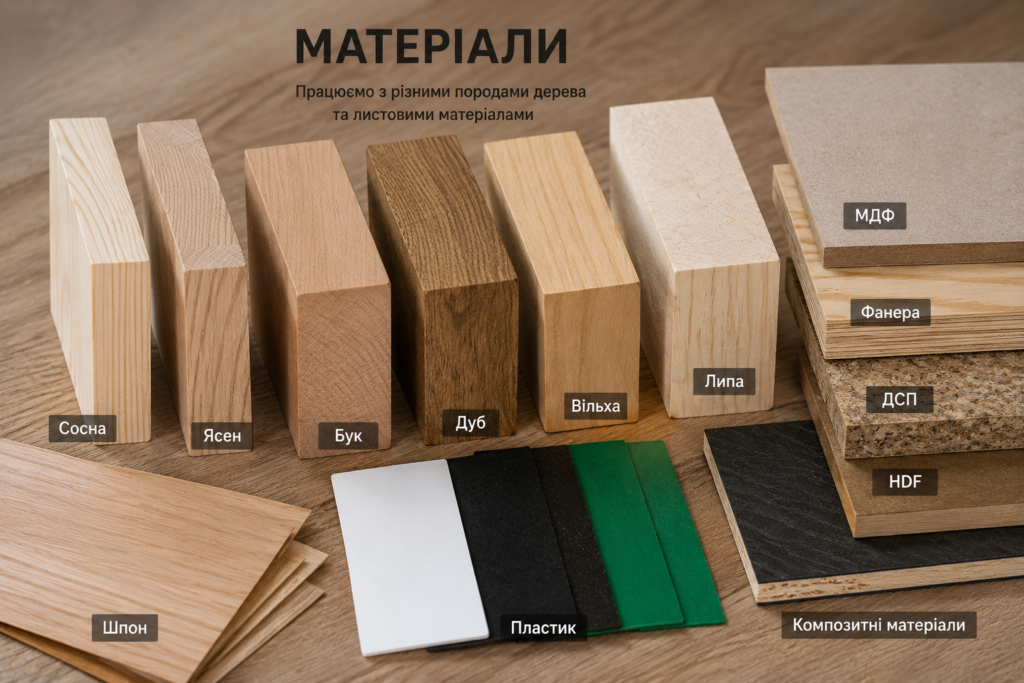 Зразки матеріалів для CNC-фрезерування: дуб, ясен, бук, сосна, липа, вільха, МДФ, фанера, ДСП, HDF, пластик і композитні матеріали.